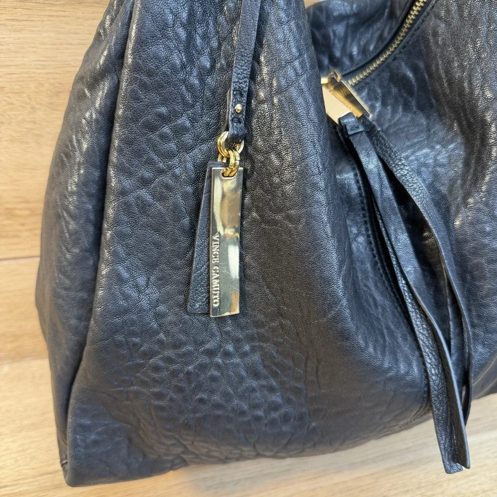 Vince Camuto Black Leather Hobo Bag Slouchy Shoulder Handbag Tumbled Crinkle